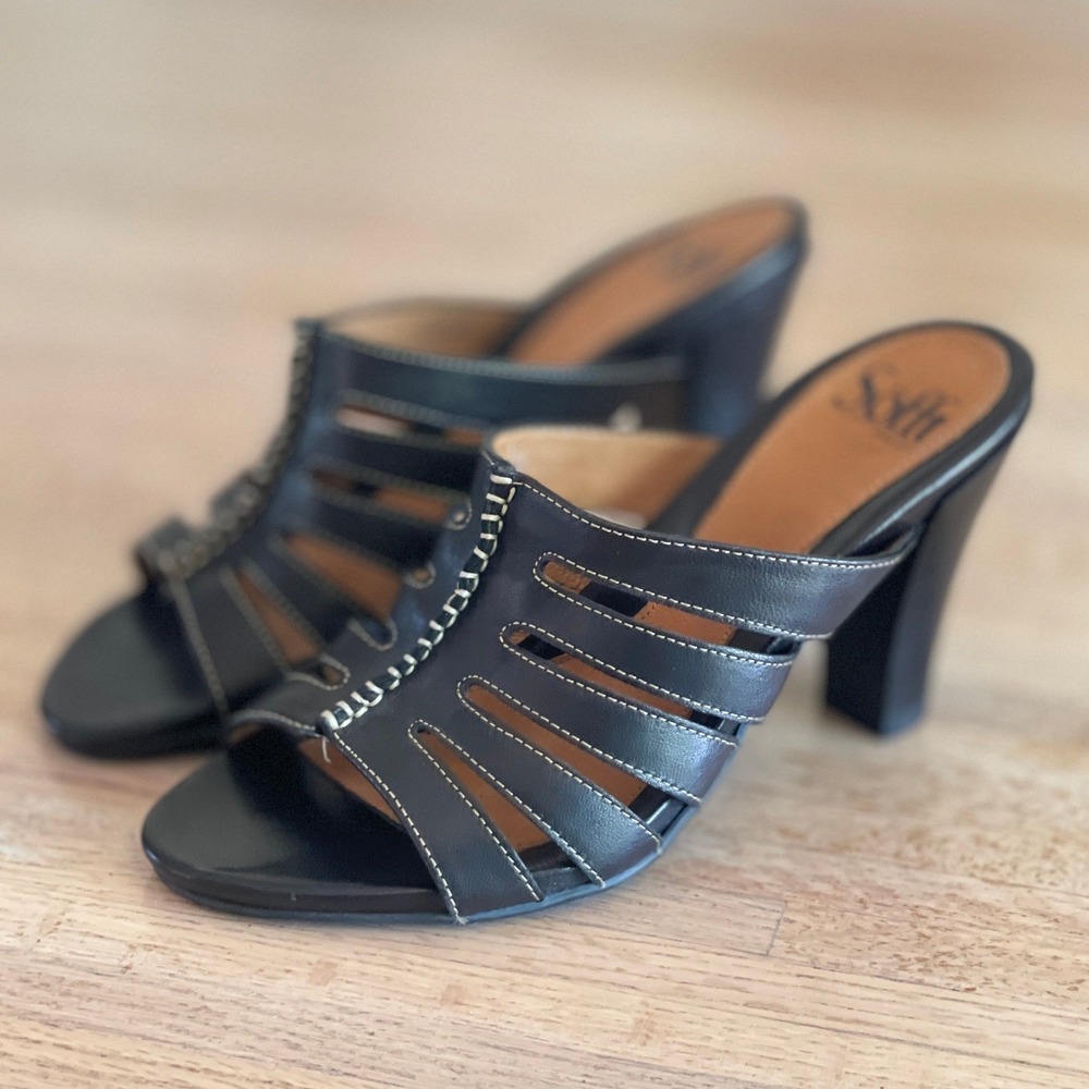 Sofft Black Leather Caged Mule Sandals Contrast Stitching Stacked Heel Size 7.5M
